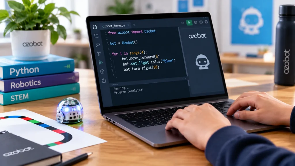 Laptop met Python-code naast een Ozobot-robot